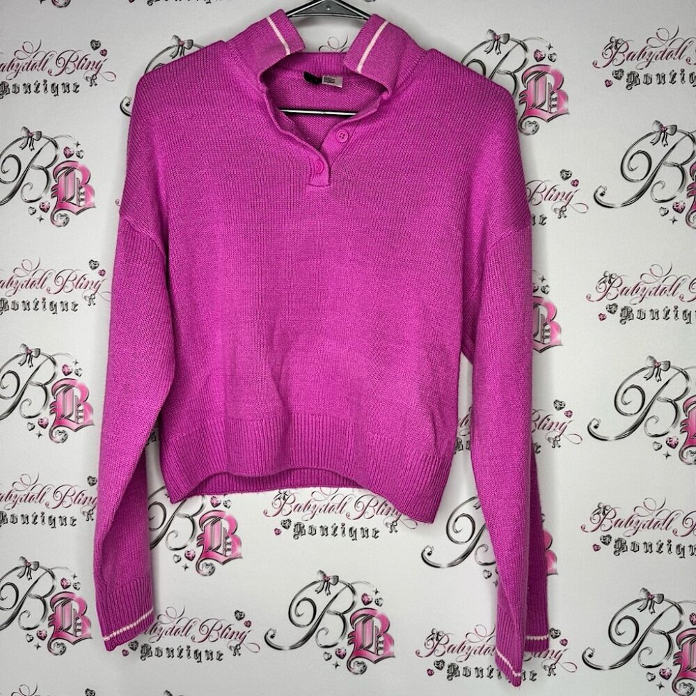 Divided sweater pink purple collared stripes buttons pull over preppy crewneck